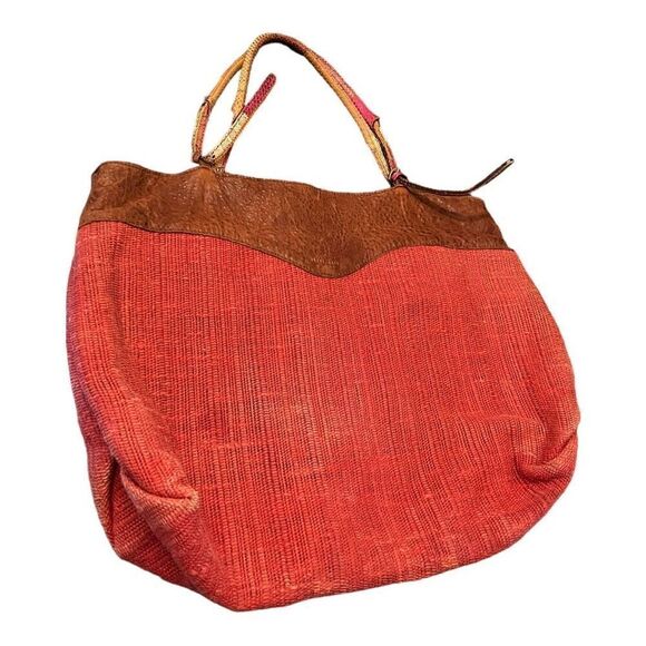 Vintage sissi rossi red woven bag with multi color snake leather handle bohemian